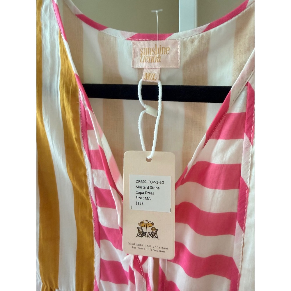 NWT Sunshine Tienda Copa Dress Mustard Pink Striped Cotton Maxi M/L - Picture 9 of 14
